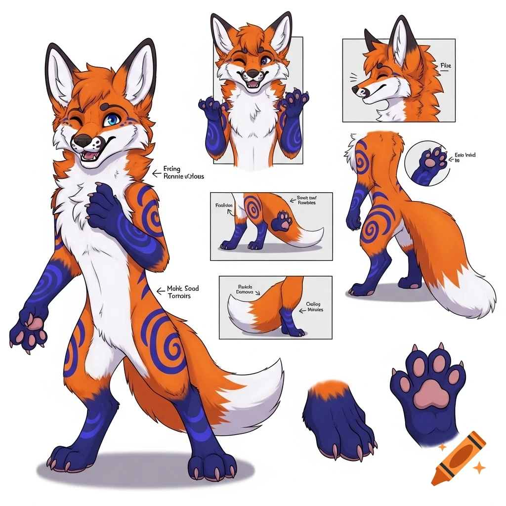 Reference sheet for an orange and blue anthropomorphic fox with tribal patterns, showing full body, headshots, and limb details.