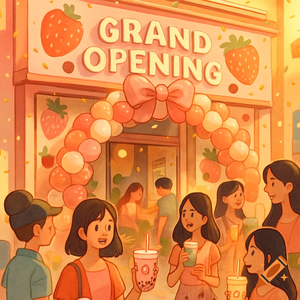 An illustration of a strawberry bubble tea shop grand opening with a large sign and a balloon arch, as customers hold drinks outside.