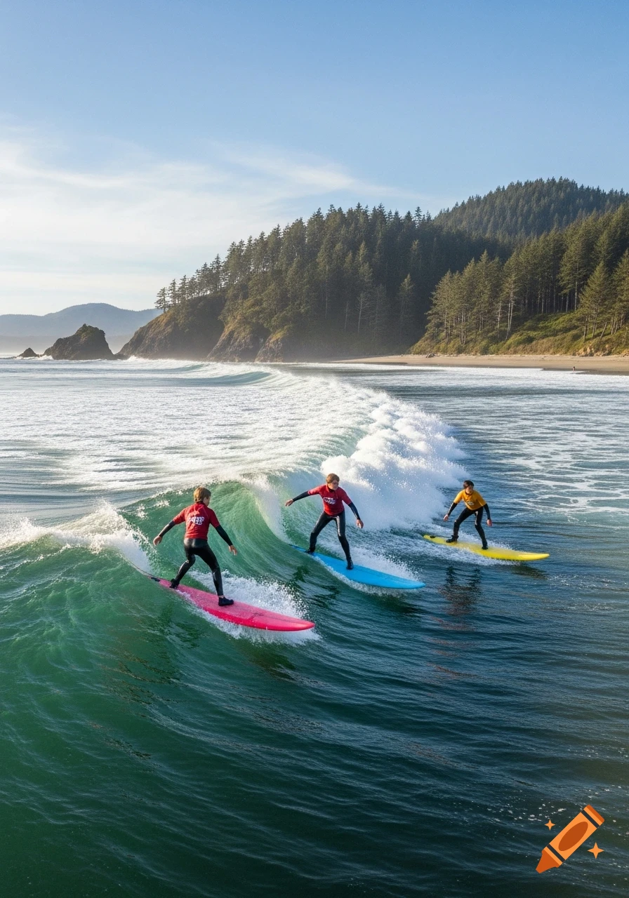 Three people in wetsuits surf on colorful boards in a bright ocean with a forested coastline in the background.