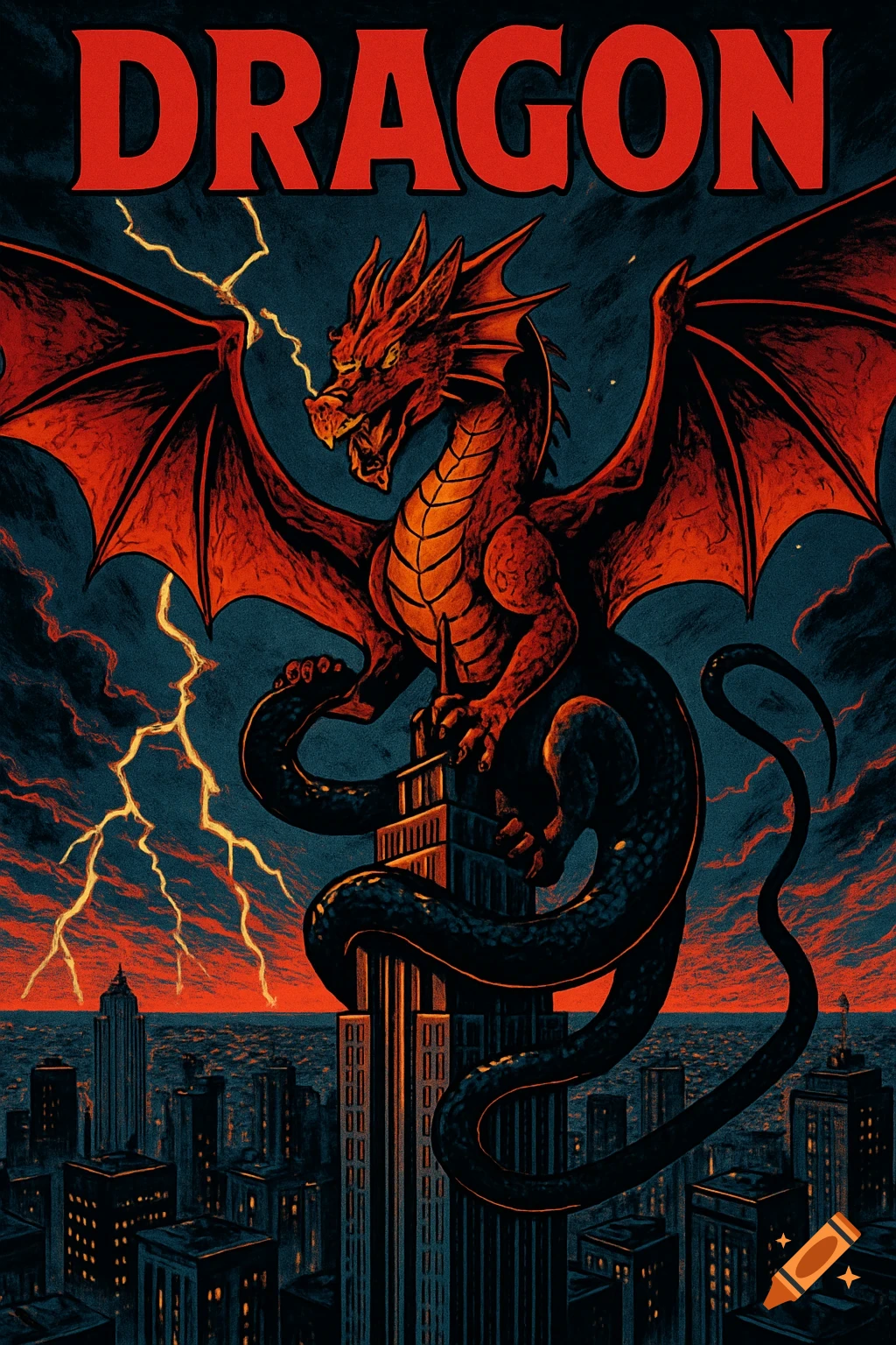 A red dragon with large wings and an orange underbelly stands on a skyscraper in a city at dusk, with lightning. Comic book art style. Text reads DRAGON.