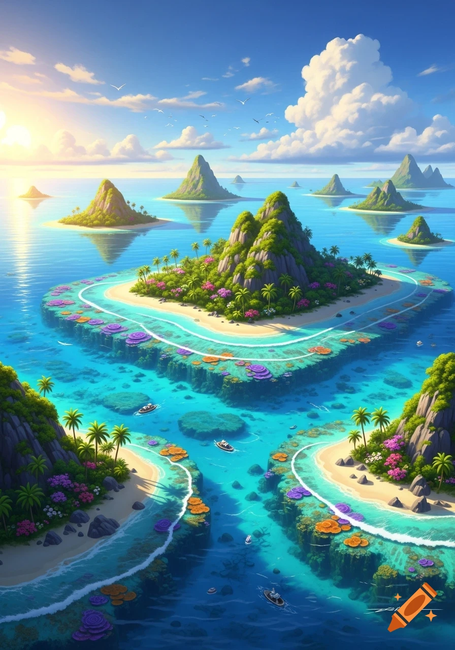 Vibrant, stylized aerial view of tropical islands with lush mountains, white sand beaches, clear turquoise water, and small boats.