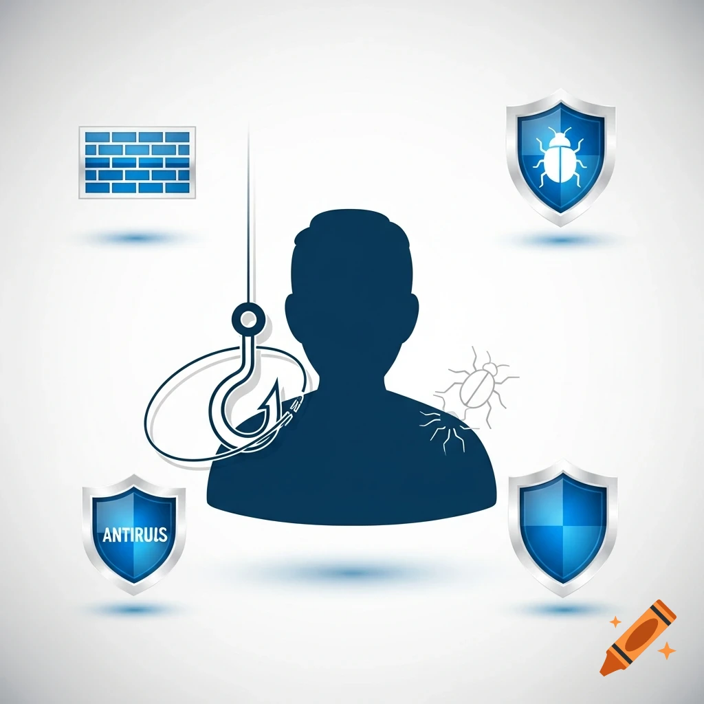 Vector illustration of a person silhouette being attacked by a phishing hook and a bug, surrounded by cybersecurity icons including a firewall and shield.