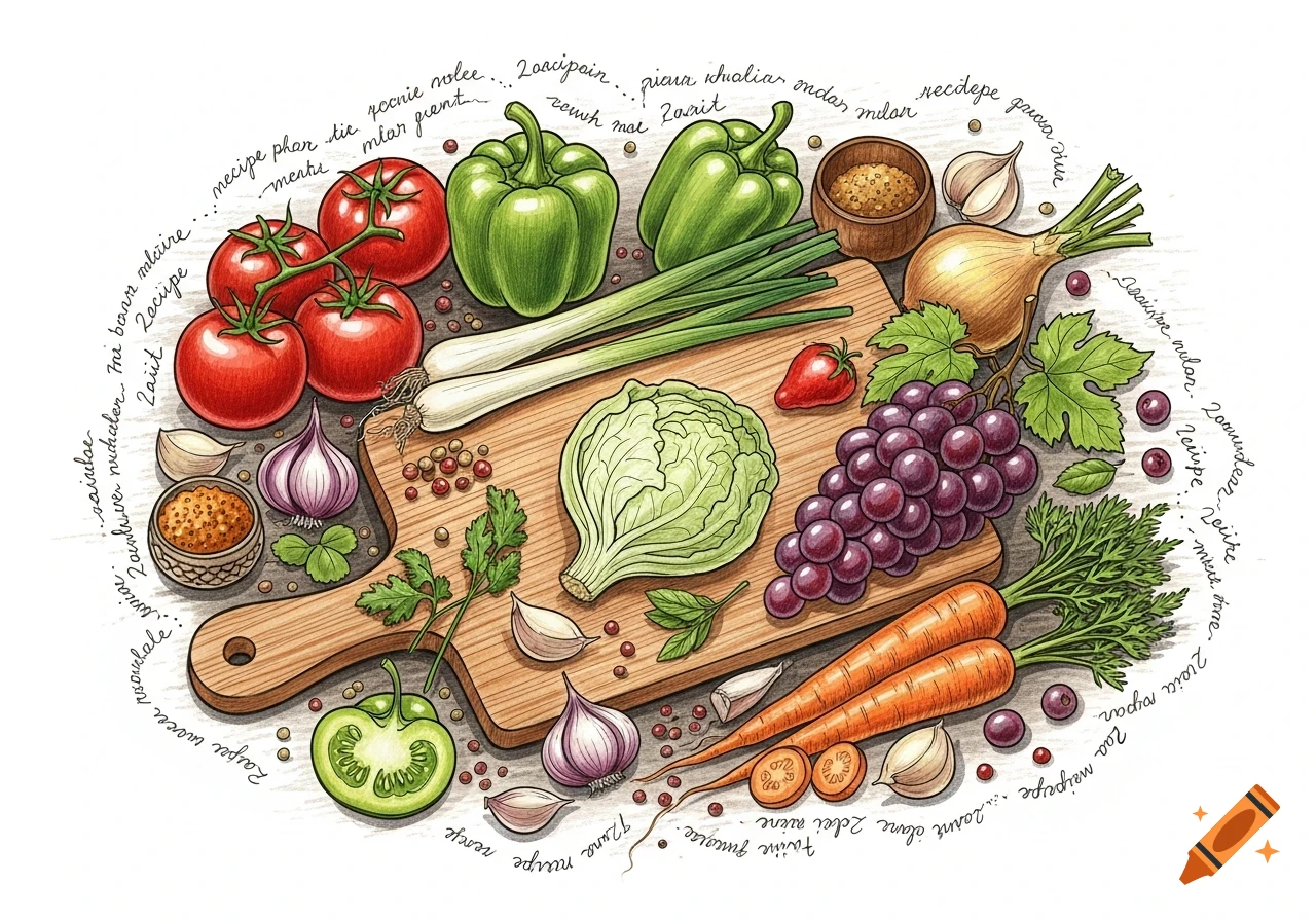 Hand-drawn illustration of various colorful vegetables, fruits, and spices on and around a wooden cutting board.
