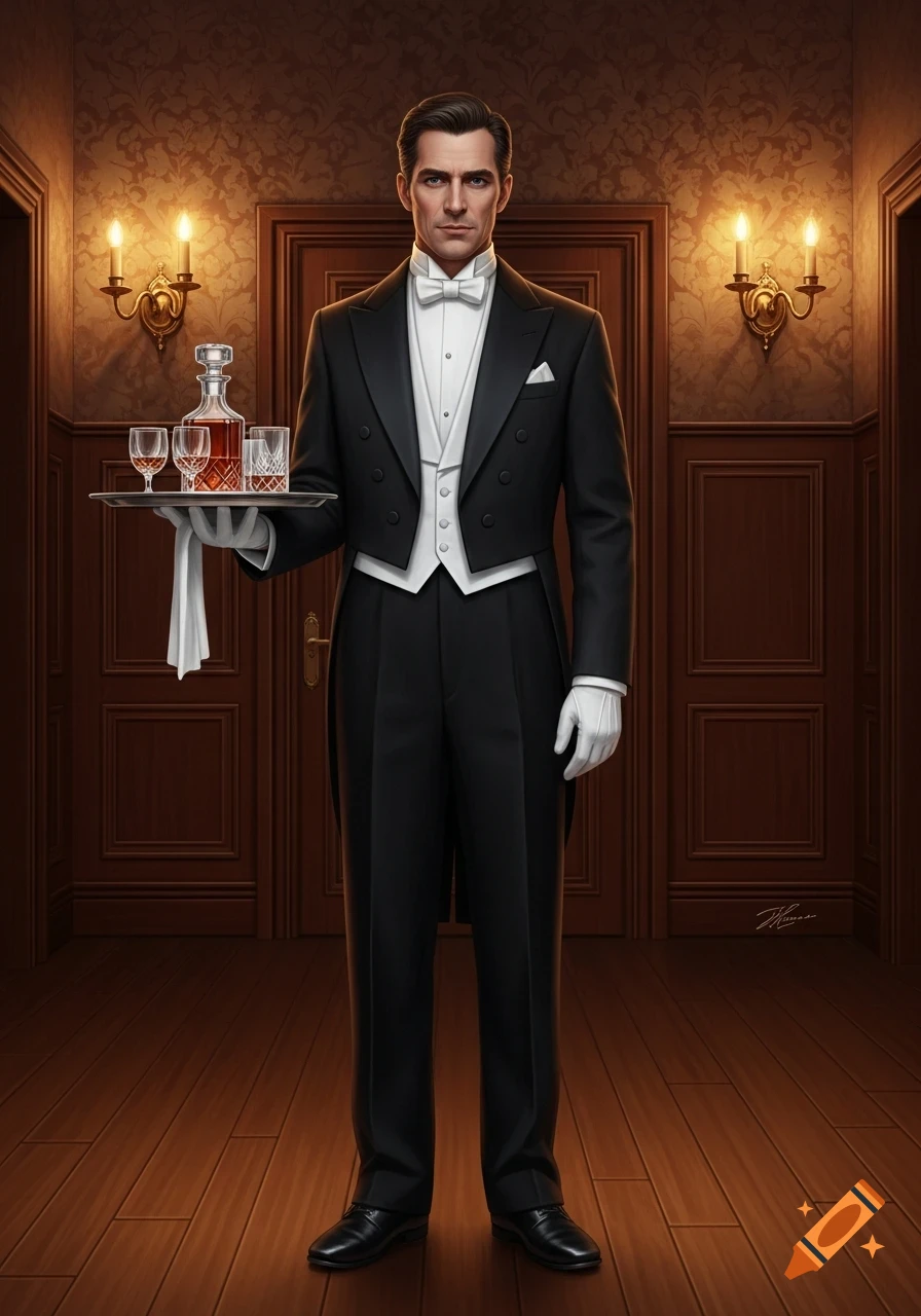 A realistic portrait of a butler in a black and white uniform, holding a tray with a decanter and glasses in a formal room.