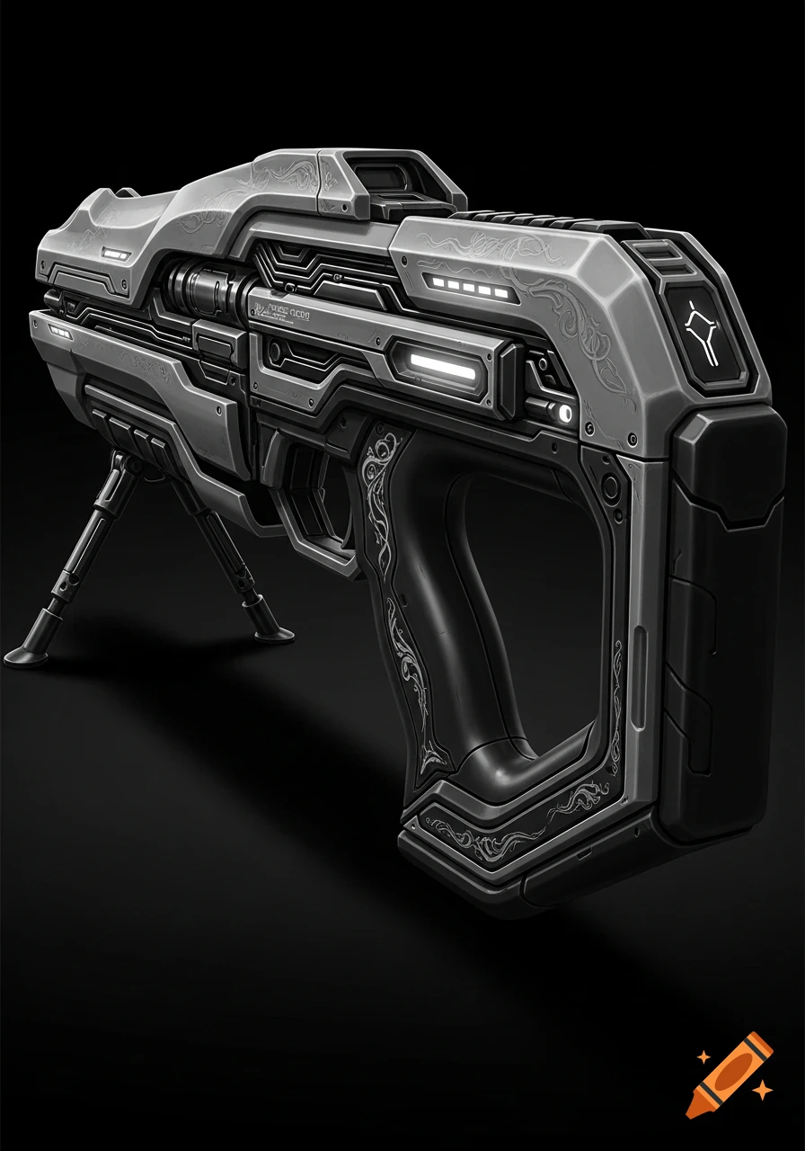 A detailed grey and black sci-fi gun concept art with glowing white lights and ornate patterns, on a dark background.