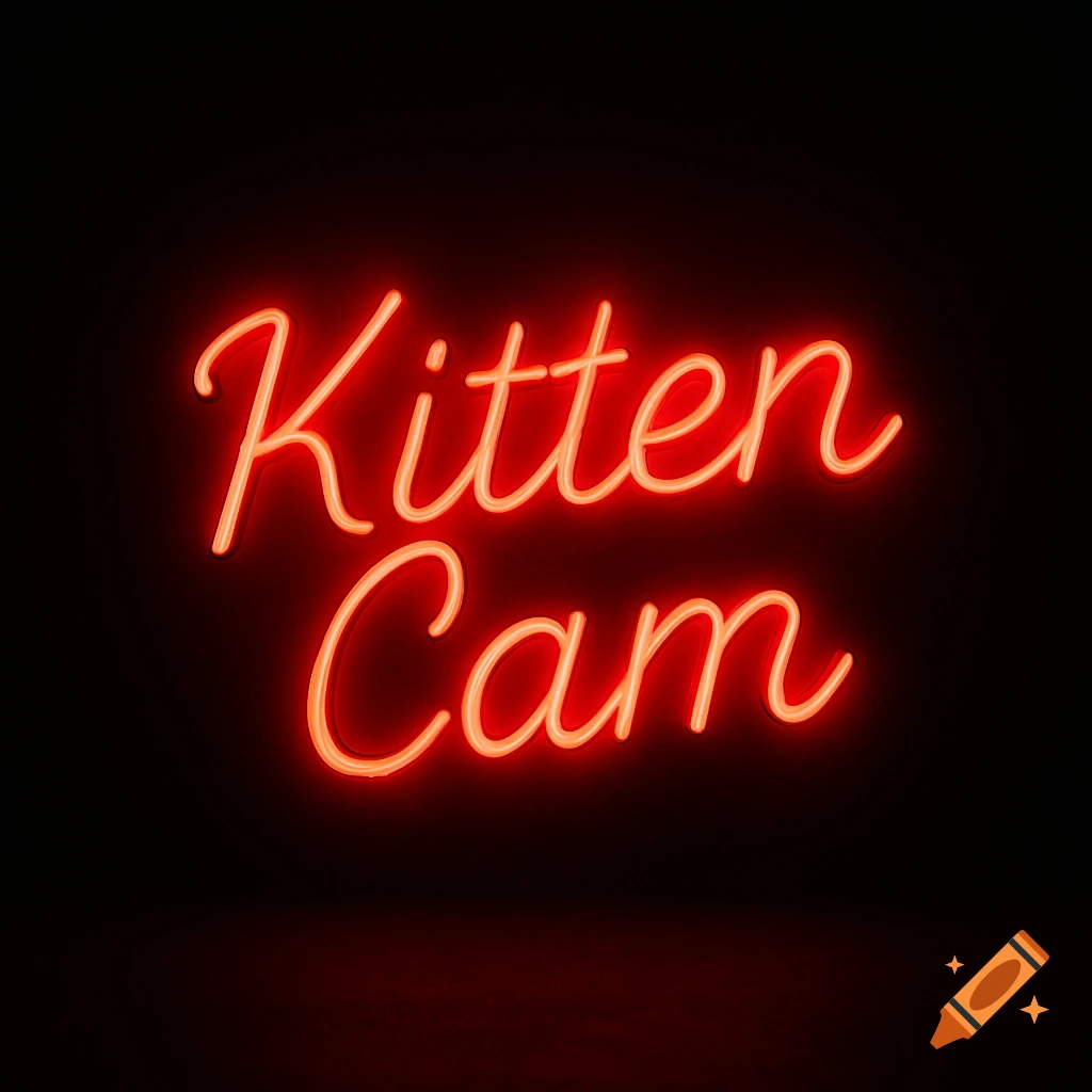 Red neon sign displaying "Kitten Cam" on a black background.