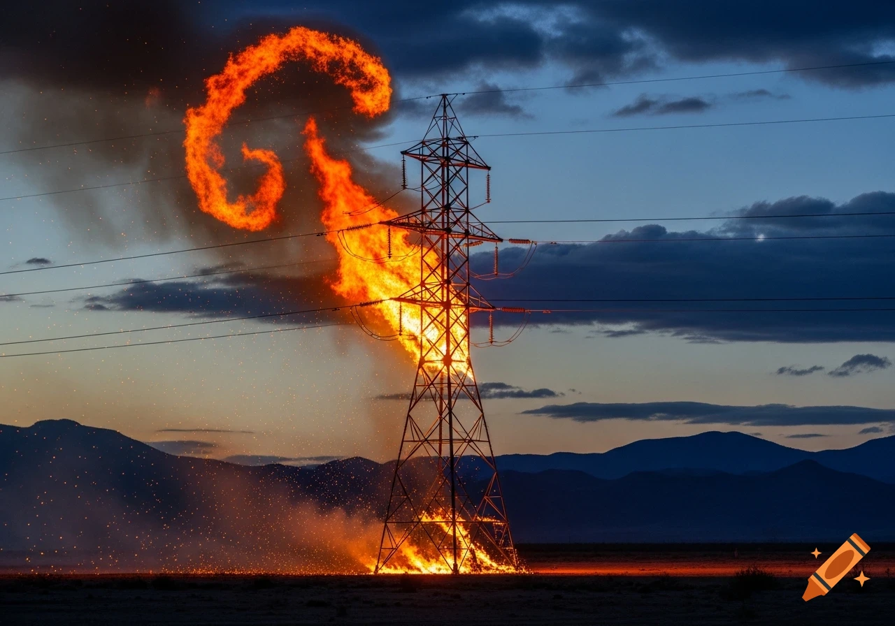 A large power line tower is burning brightly, with flames and sparks against a twilight sky and distant mountains.