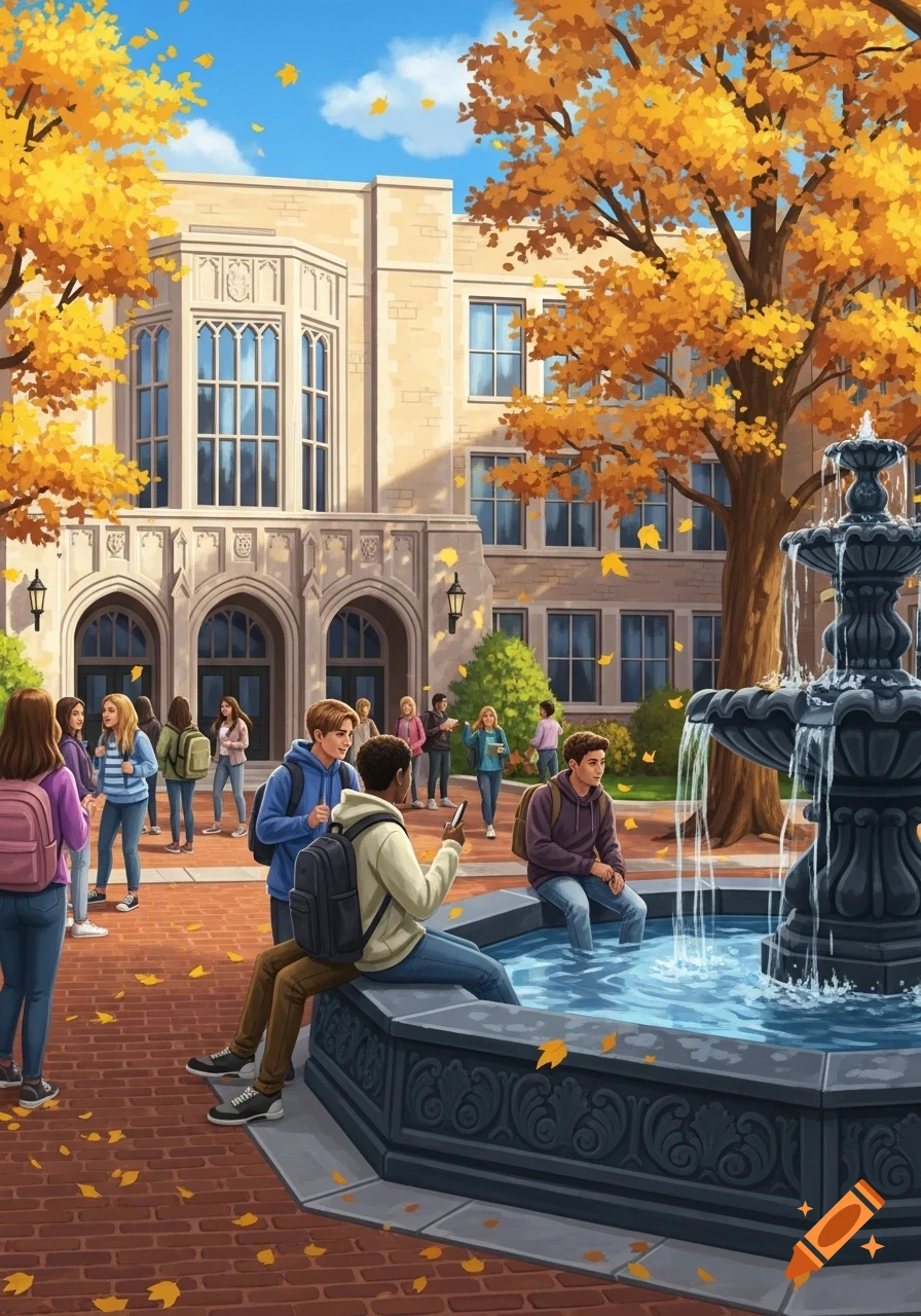 Illustrated university campus in autumn with students, a stone building, and a fountain.