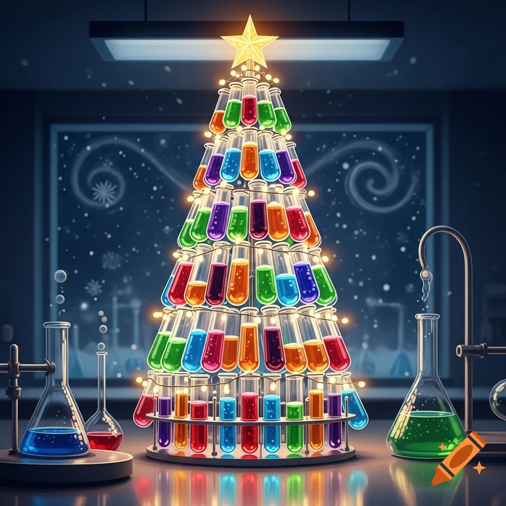 A festive Christmas tree constructed from colorful test tubes filled with liquids, illuminated with string lights, in a science laboratory.
