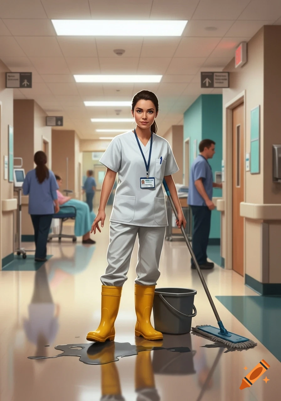 A young nurse in a hospital hallway wearing rubber boots and holding a mop, next to a spill and a bucket.