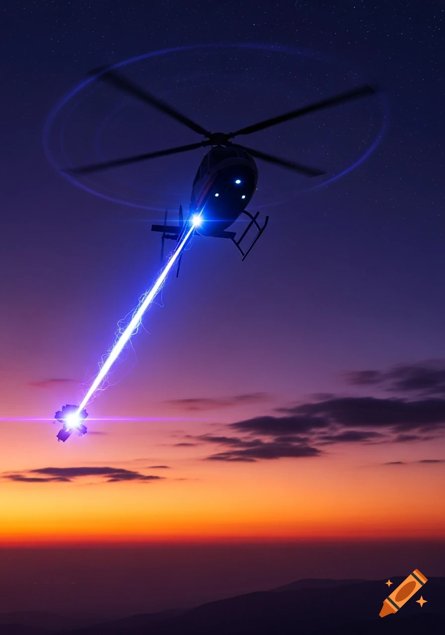 A helicopter fires a bright blue laser beam at an unknown object against a stunning sunset sky with a starry night transitioning above.