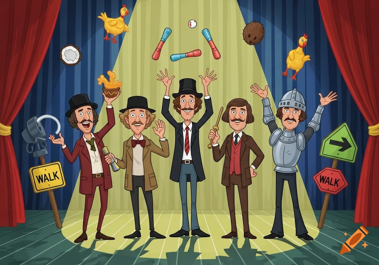 Cartoon of five men resembling Monty Python members on a stage, some juggling items like chickens, coconuts, and clubs, with signs reading "WALK" and a green arrow.