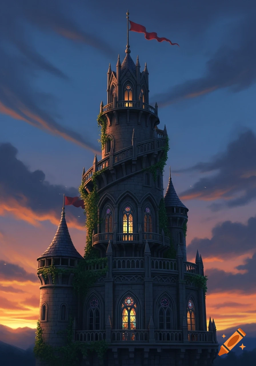 An ornate, dark fantasy tower with spiraling ivy and glowing stained glass windows, set against a vibrant sunset sky.