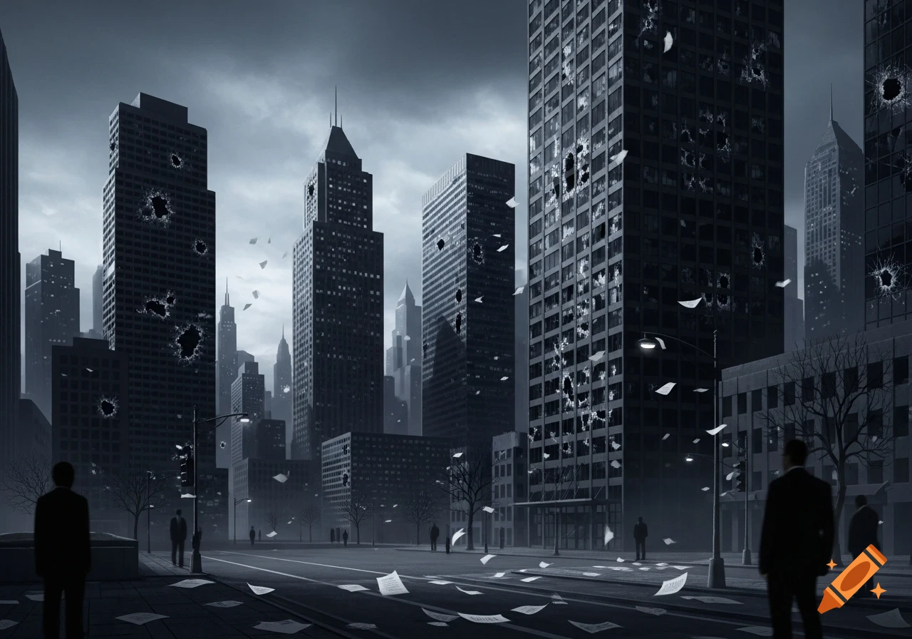 Monochromatic cityscape with tall buildings showing shattered windows and large holes, scattered papers on the streets, and silhouetted figures.