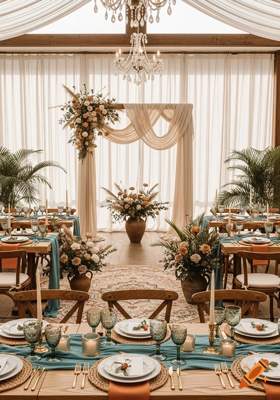 Elegant vintage-inspired wedding reception with wooden tables, teal runners, sepia-toned florals, tapered candles, and an ornate chandelier.