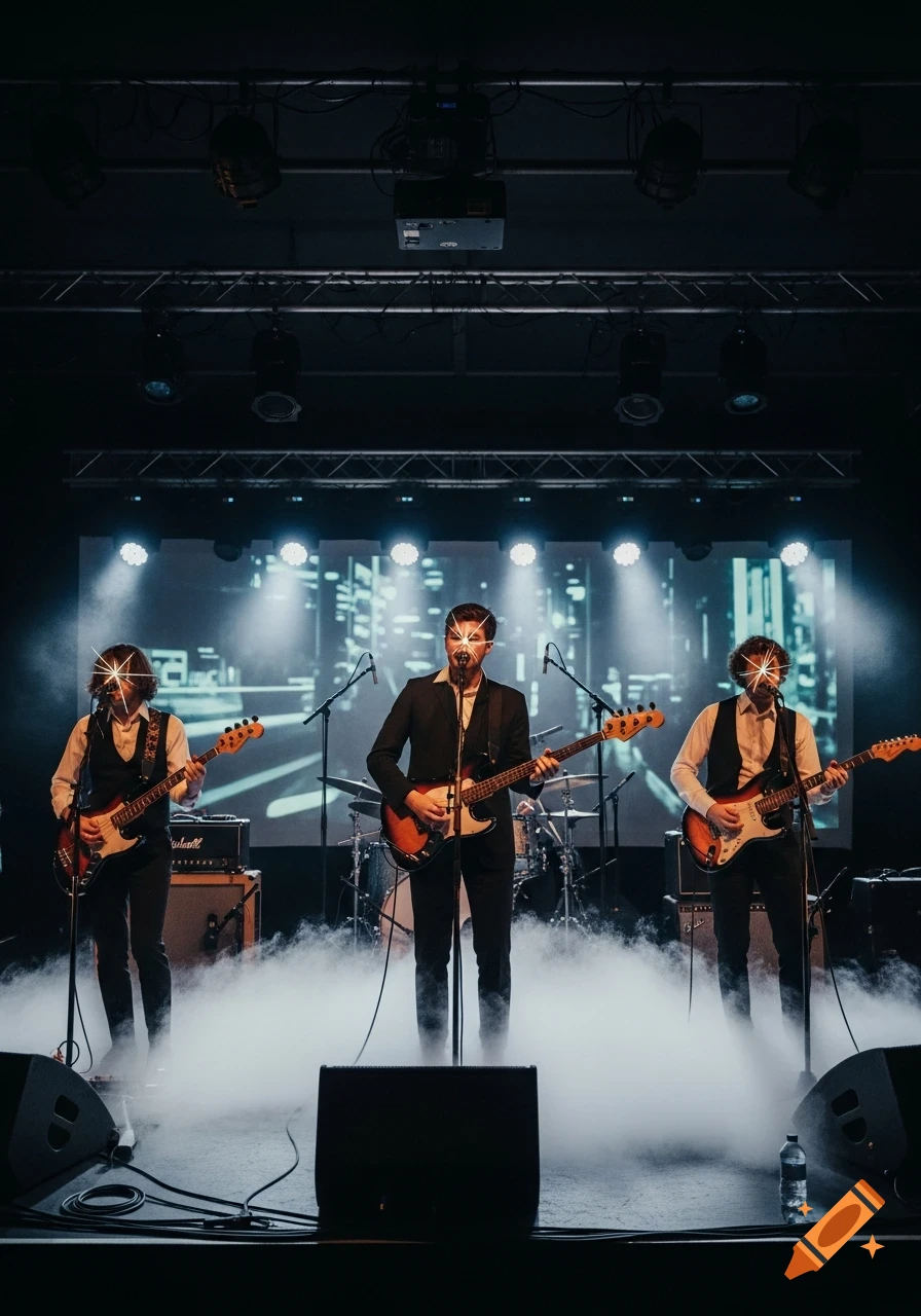 Three musicians perform on a smoky, dimly lit stage, with a city skyline projected behind them and starbursts over their faces.