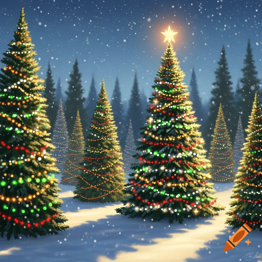 Multiple brightly lit Christmas trees in a snowy forest at night with falling snow. The central tree has a star on top.