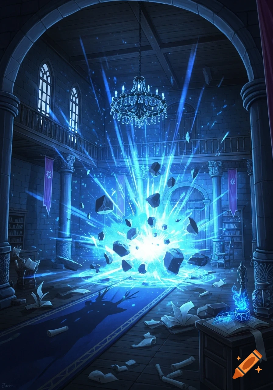 A magical blue explosion of light and rocks erupts in a grand, dimly lit fantasy library hall, scattering books.