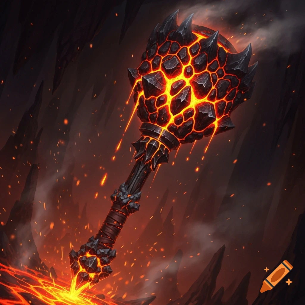 A menacing fantasy lava mace with a glowing, cracked head and spiky handle, standing in a fiery cavern with molten drips and sparks.