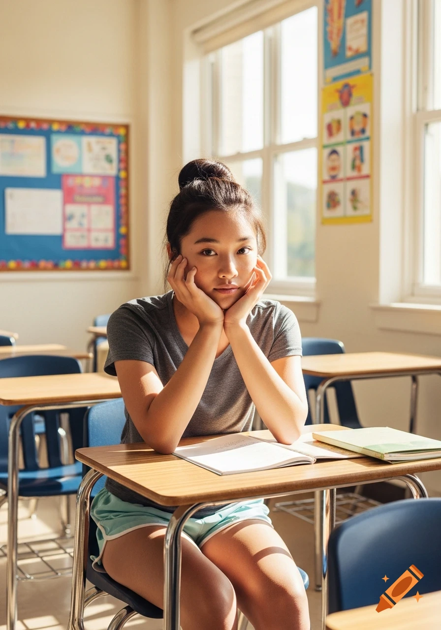 A photorealistic image of a Japanese-American student with dark hair in a bun, sitting at a desk in a sunny classroom, propping her head with her hands.