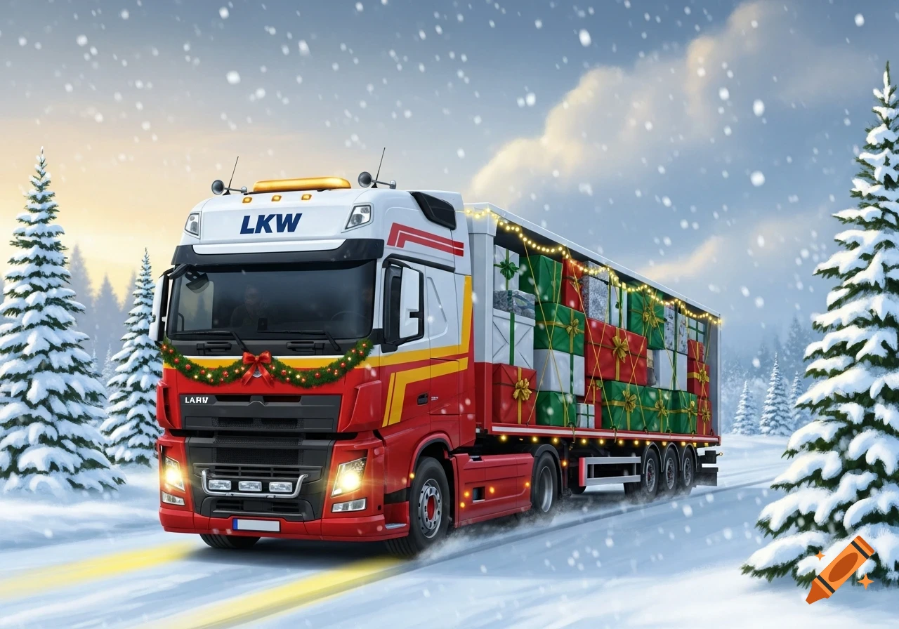 An illustrated red and white truck adorned with Christmas garlands drives through a snowy landscape, its trailer packed with red and green wrapped presents, under a soft winter sky.