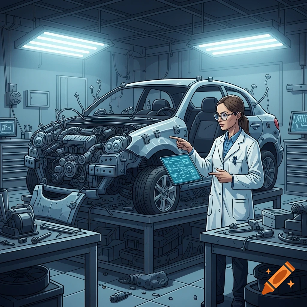 A scientist in a lab coat points at a tablet displaying an illegible diagram, standing next to a disassembled car in a garage.
