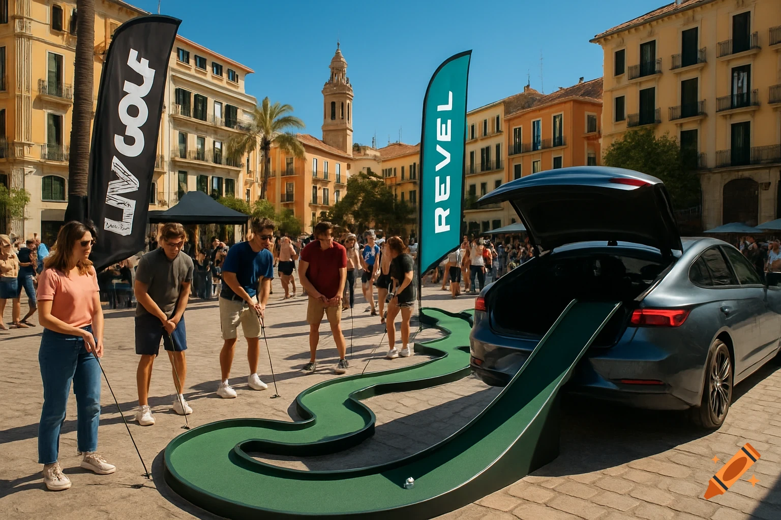 People play mini-golf in a sunny city square, putting into a car trunk, with 'LIV Golf' and 'REVEL' brand flags.