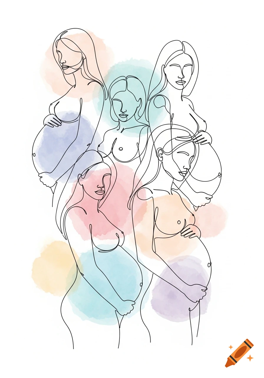 Minimalist continuous-line drawing of multiple abstract pregnant women busts with soft multicolor watercolor splashes.