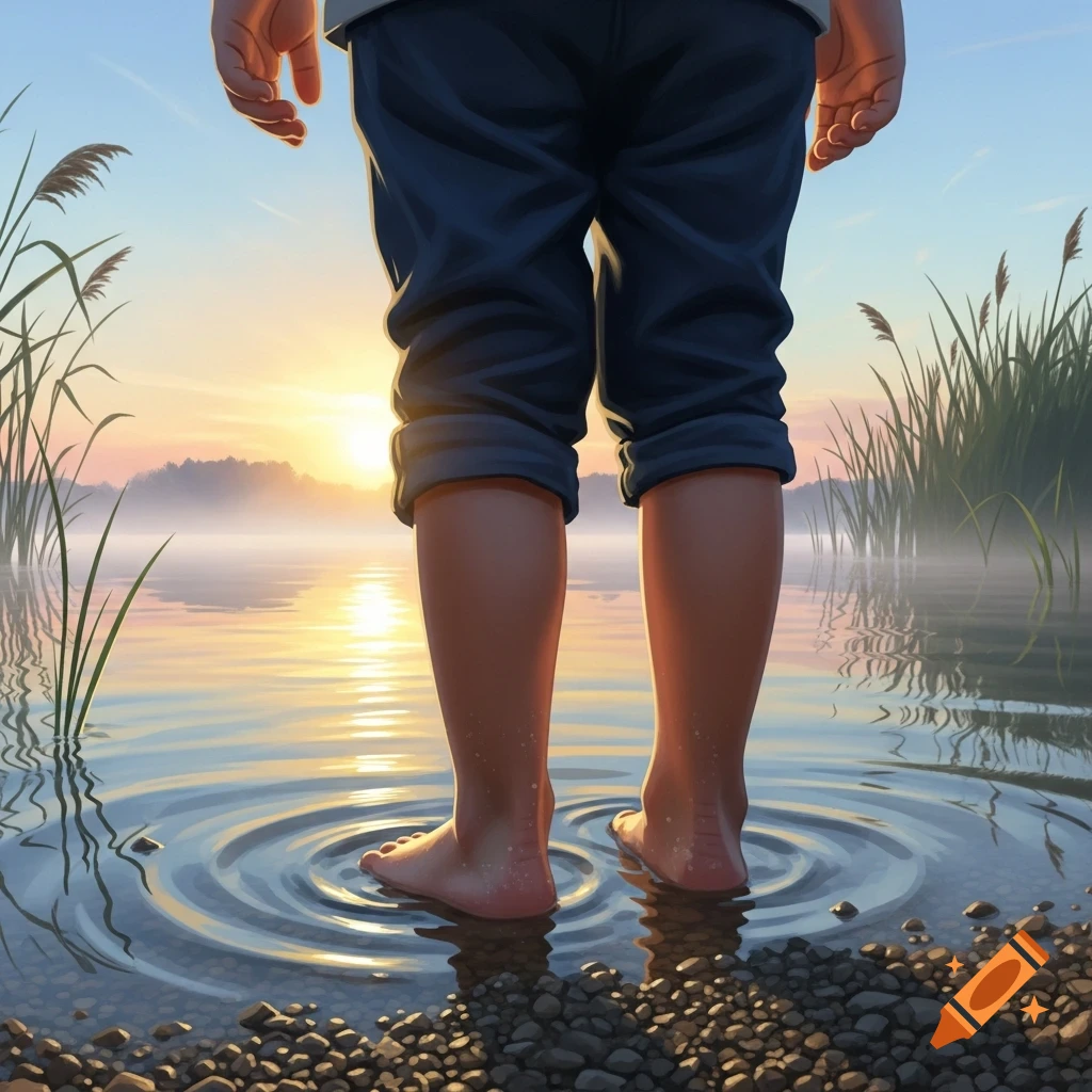 Person's bare feet standing in shallow water, creating ripples, at sunset with reeds along the water's edge.