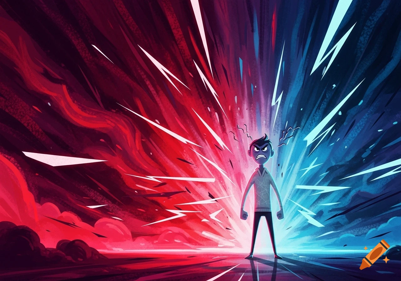 Cartoon boy looking angry and frustrated, surrounded by radiating red and blue energy, in a dynamic, stylized illustration.