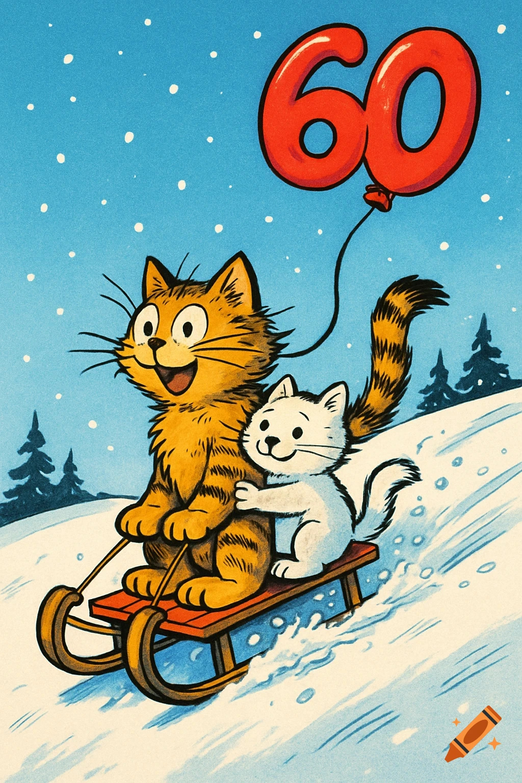 Two cartoon cats, one large orange and one small white, sled down a snowy hill with a red '60' balloon attached.