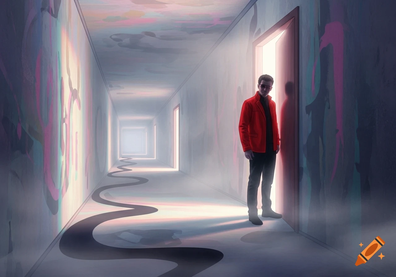 A man in a red jacket stands by a glowing door in a foggy, surreal hallway with a wavy path.