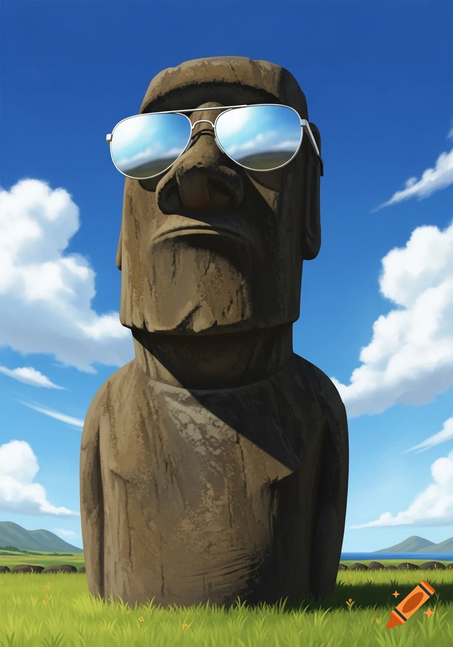 A stylized illustration of a Moai statue wearing mirrored aviator sunglasses, standing in a green field under a bright blue sky with clouds.