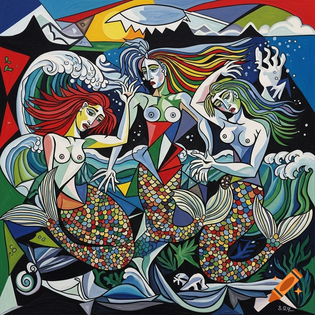 Abstract cubist painting featuring three distressed, colorful mermaids with long hair amidst waves and mountains.