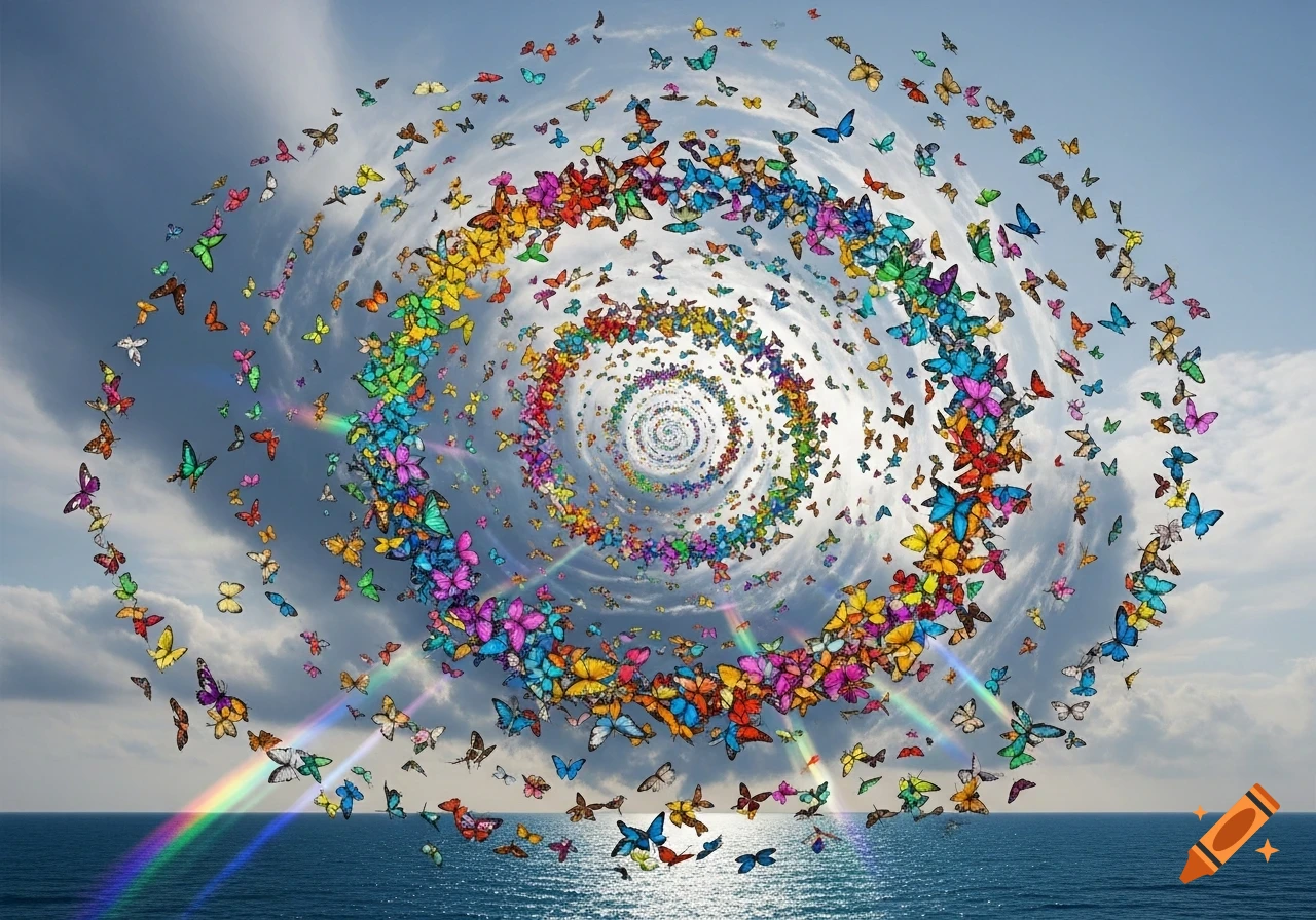 A vibrant swirl of colorful butterflies forms a hurricane over a calm ocean under a cloudy sky with rainbows.
