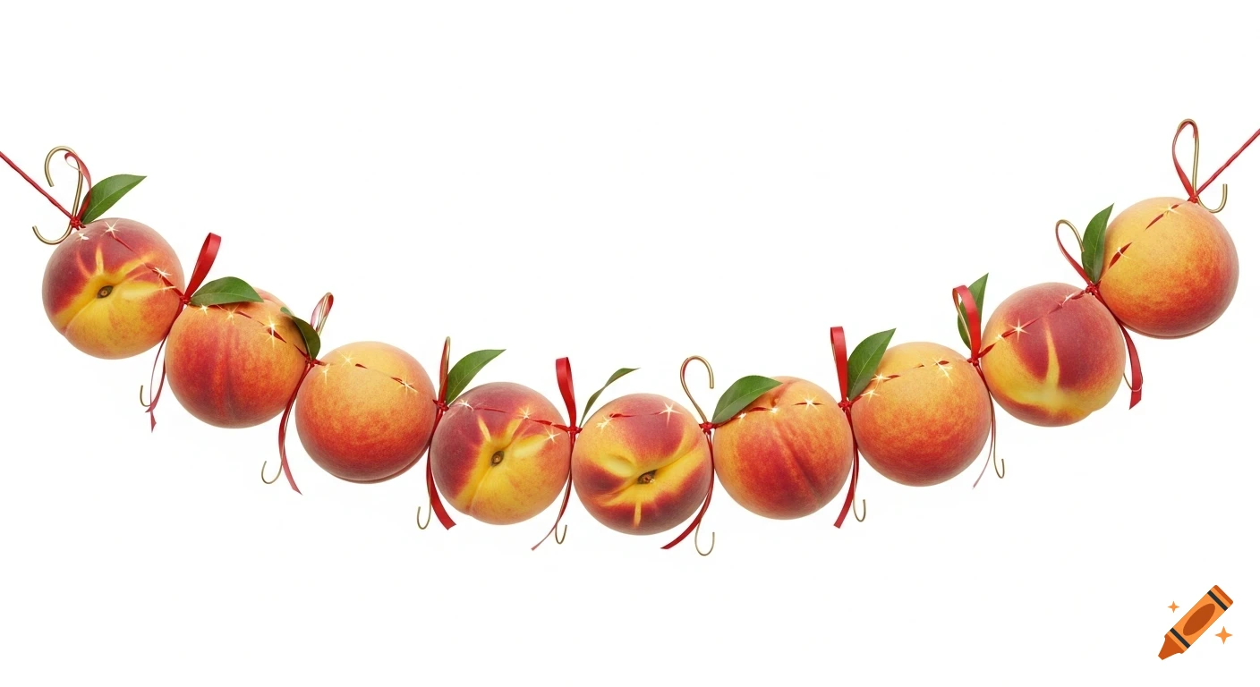 A festive garland made of ripe peaches, connected by red ribbons and golden hooks, against a white background.