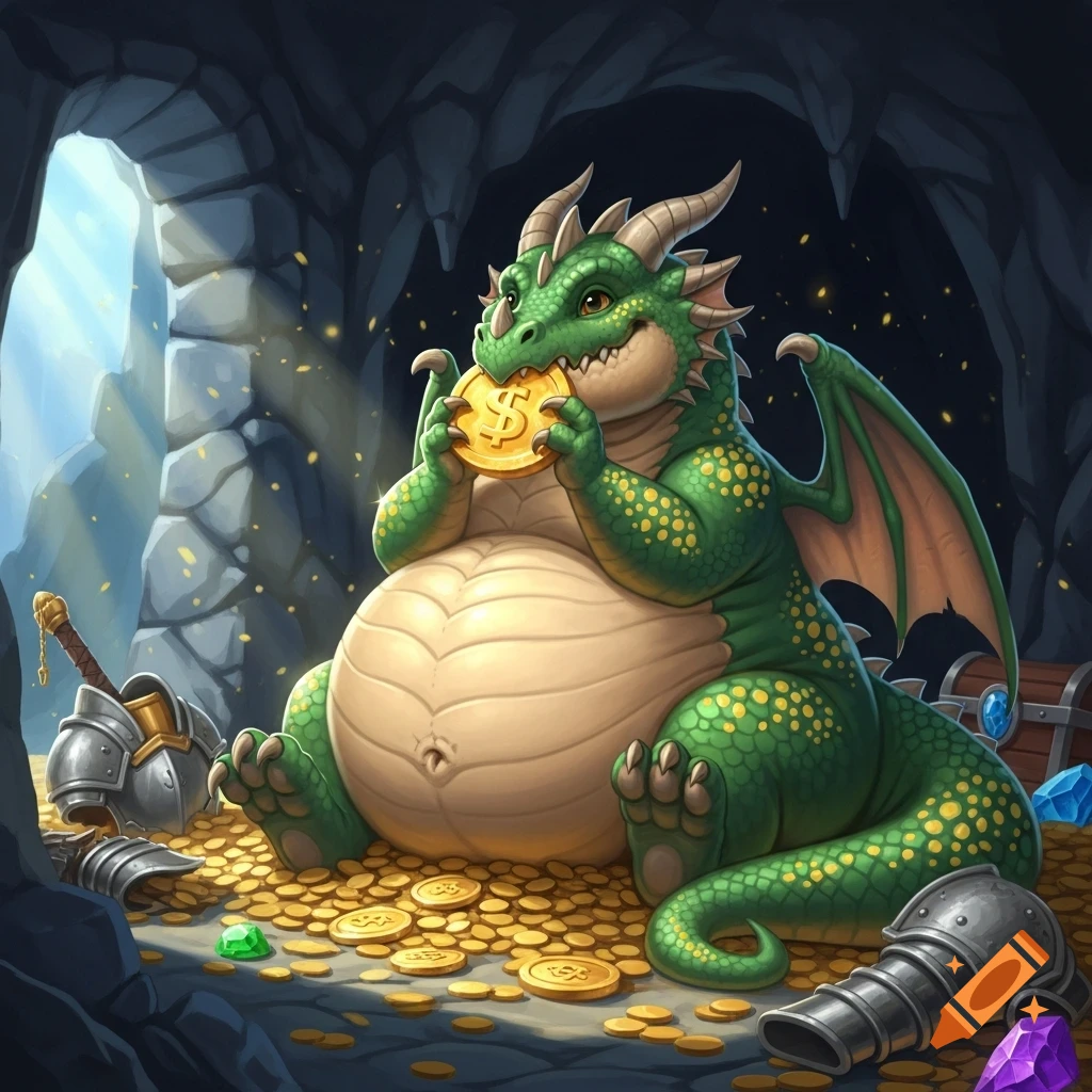 A cute, fat green dragon sits in a treasure-filled cave, eating a gold coin with a dollar sign, surrounded by armor.