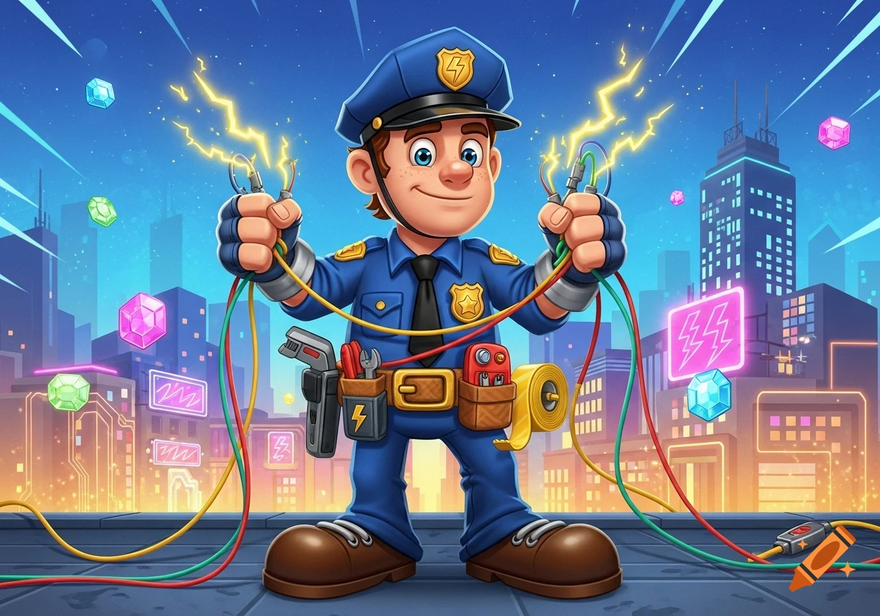 A cartoon police officer holds sparking electrical wires, wearing a tool belt, against a vibrant city skyline at night.