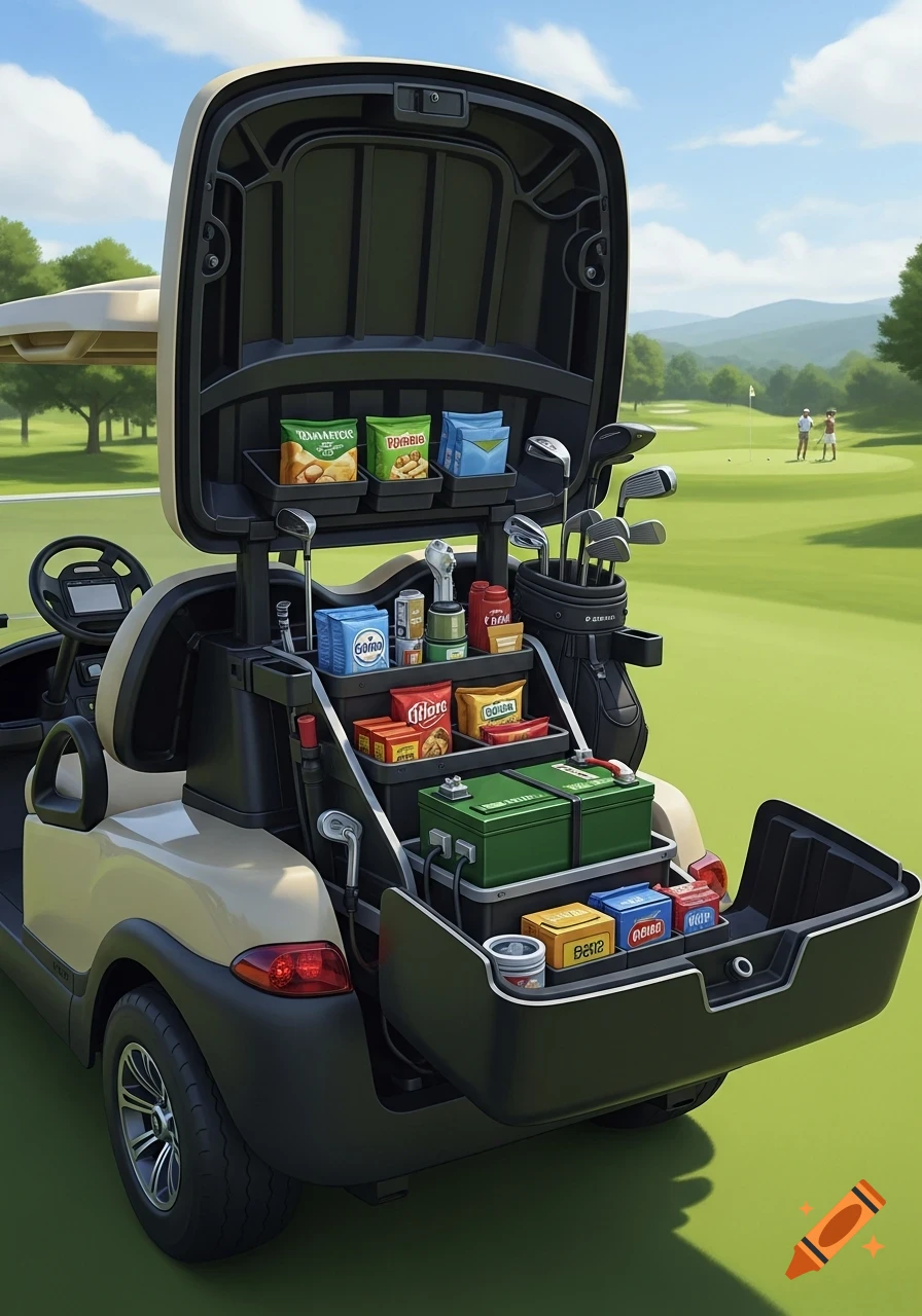 A beige golf cart on a green course with its rear compartment open, revealing dark green batteries, various snacks, and golf clubs inside. Two golfers are visible in the background.