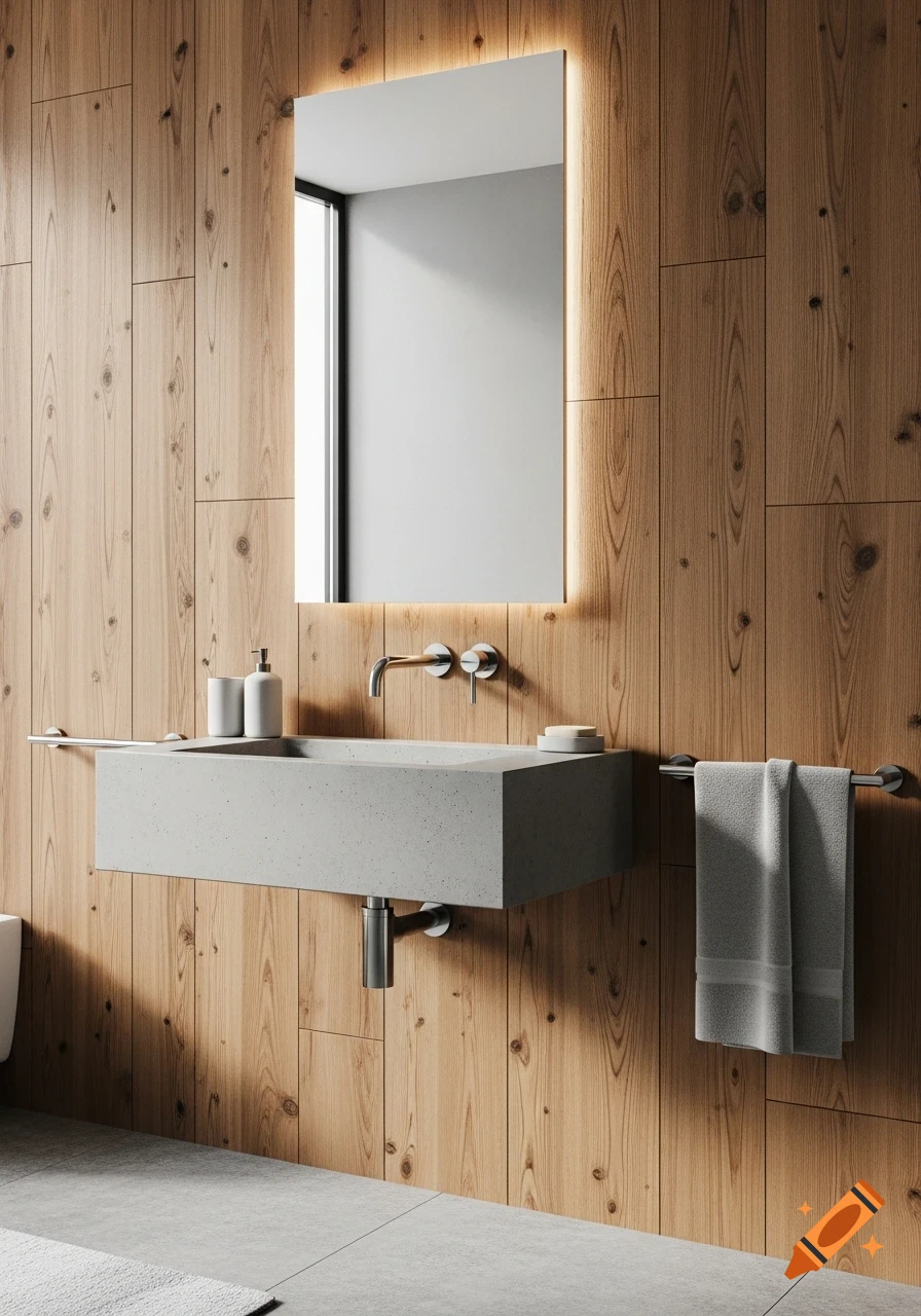 Modern bathroom with a minimalist concrete sink against wood-paneled walls and a backlit mirror, grey floor and white towels.