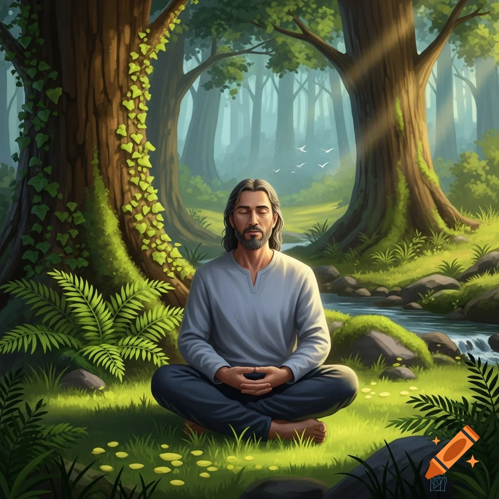 A man with closed eyes meditates cross-legged on green grass in a lush, sun-dappled forest by a stream.