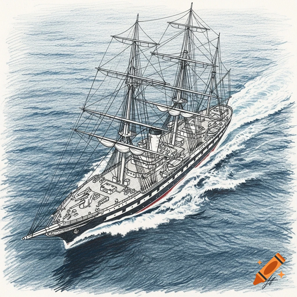 Pencil drawing of a large multi-masted sailing ship navigating through waves, viewed from above.