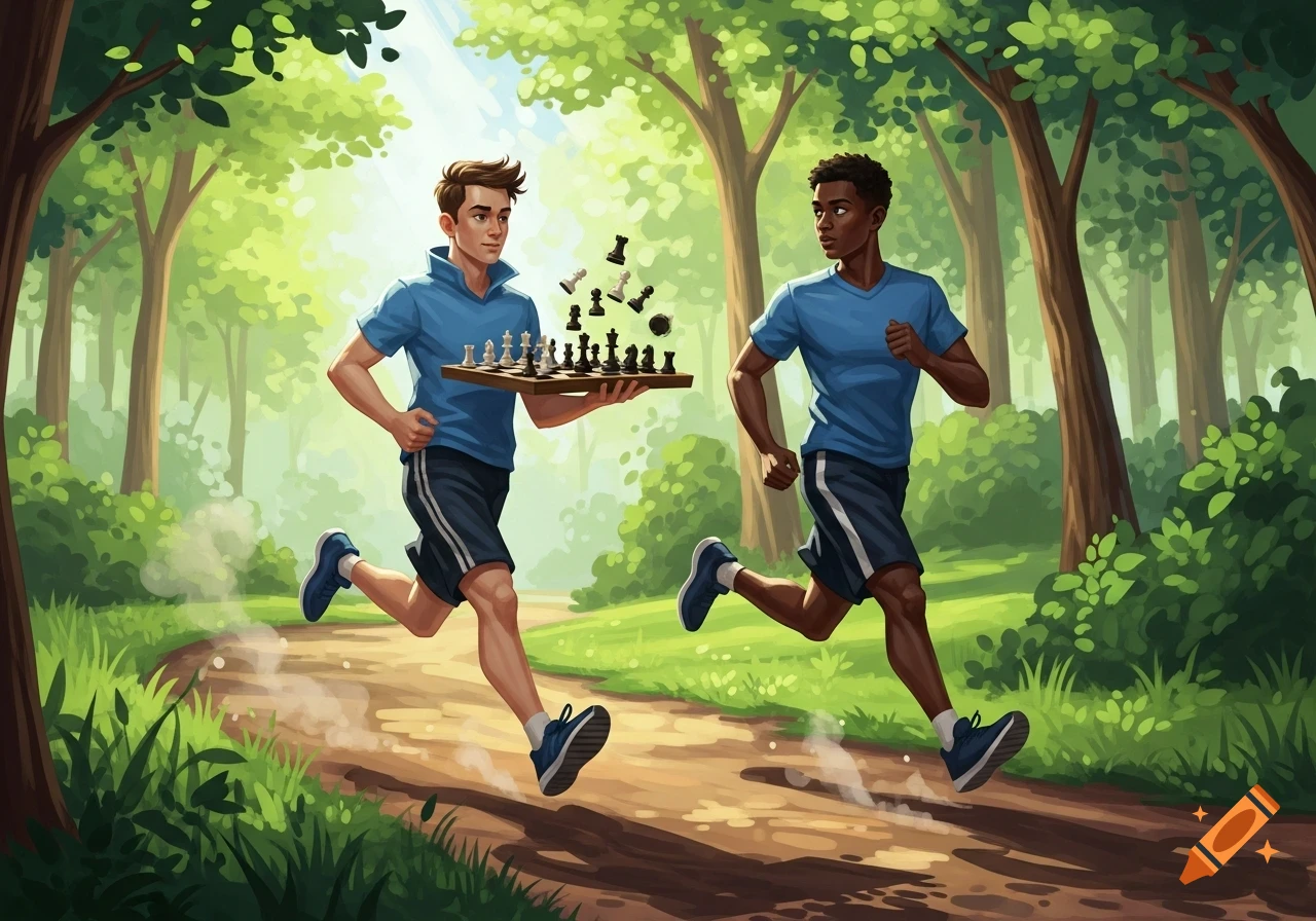 Two young men in blue shirts and shorts run on a path through a sunny park. One holds a chessboard with pieces mid-air, in an illustrative style.