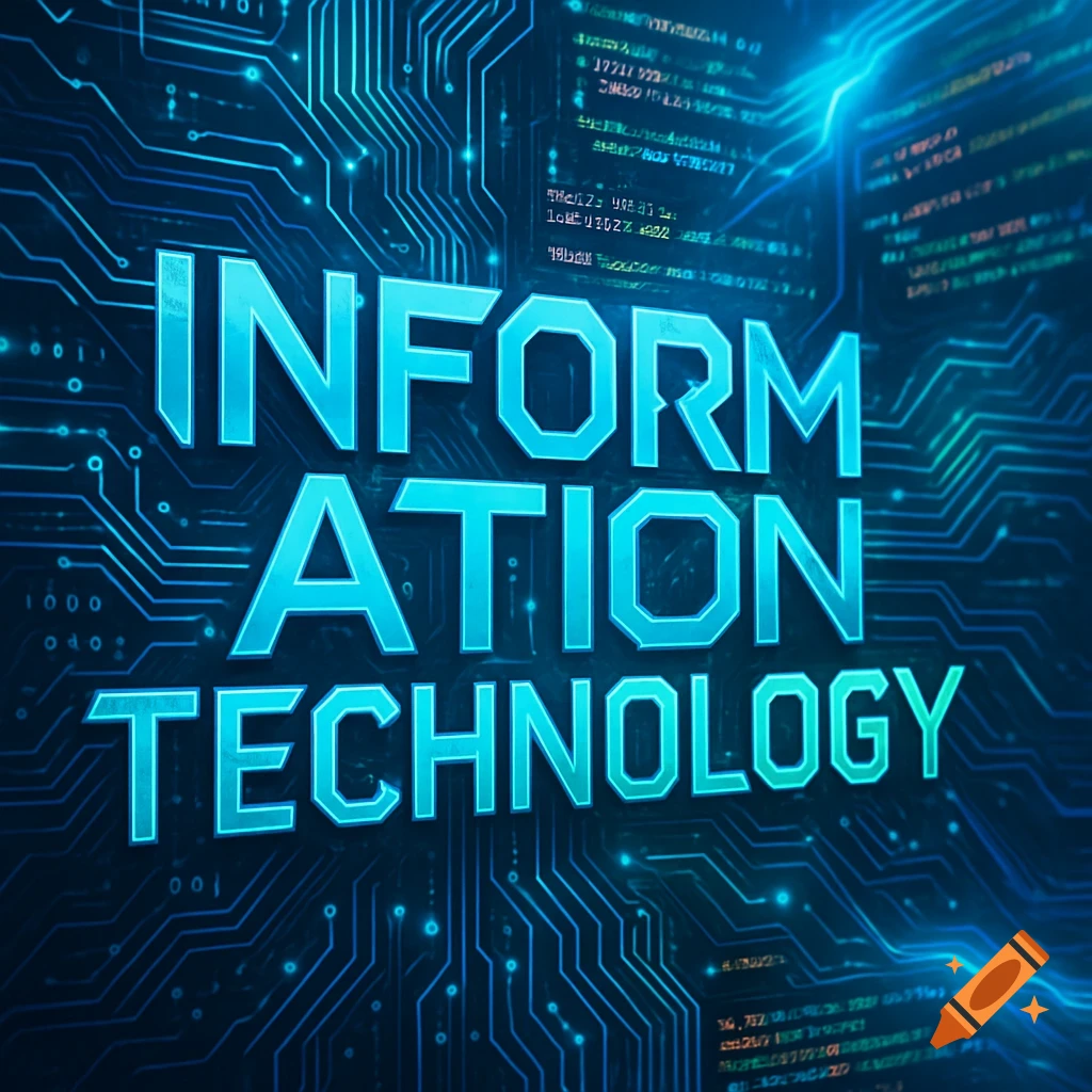 Glowing blue 'INFORMATION TECHNOLOGY' text over a dark circuit board background with abstract code.