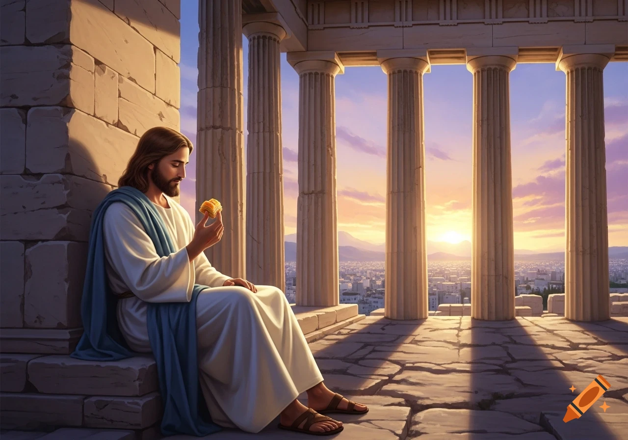 Jesus sits on ancient stone, eating baklava, overlooking a city at sunset with classical Greek columns.