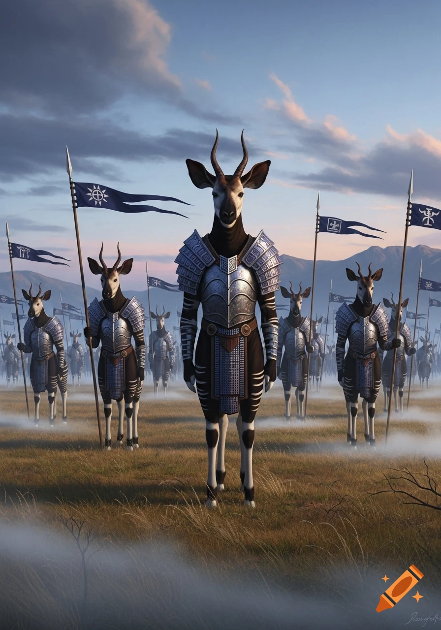 An army of anthropomorphic okapis in silver armor holding spears and flags stands in a misty field at dusk.