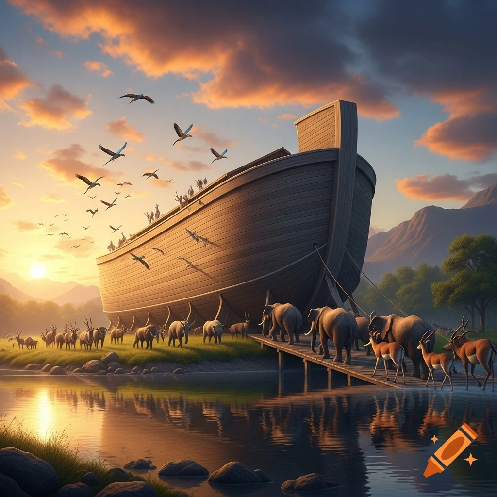Photorealistic illustration of Noah's Ark at sunset, with pairs of elephants and deer walking up a ramp into the ark by a river.