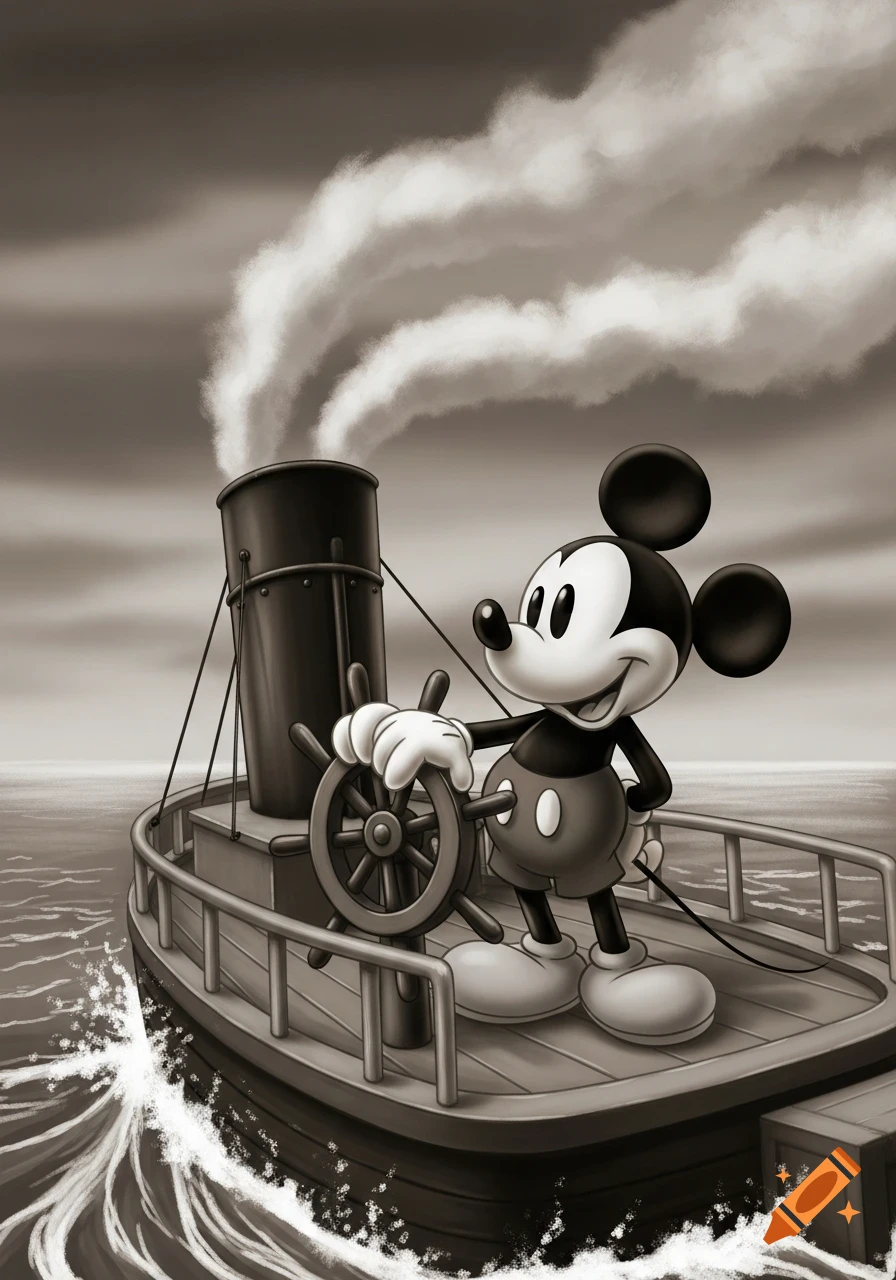 Mickey Mouse steers a steamboat on choppy waters, rendered in a vintage black and white animation style.