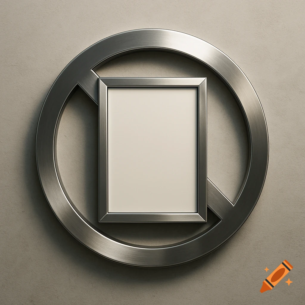 A photorealistic metallic prohibition sign with a blank rectangular picture frame in the center, set against a plain beige wall.