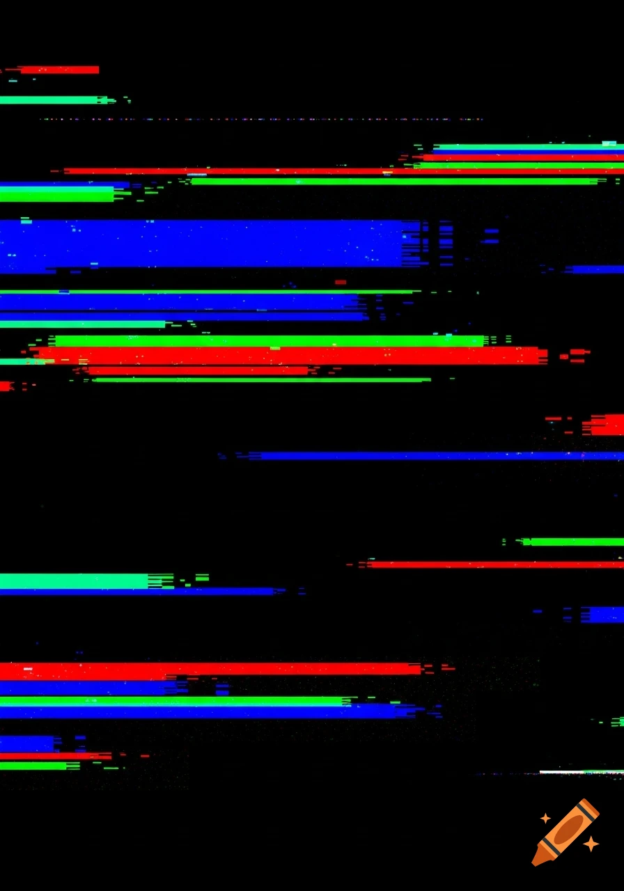 Black background with horizontal red, blue, and green glitch lines.